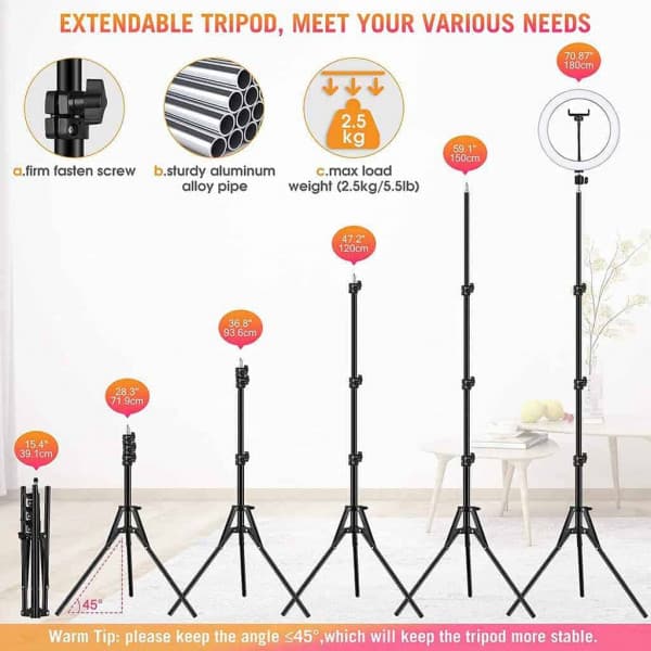 Ring Light with Stand and Phone Holder, 6 inch Adjustable Circle Light with Extendable Tripod 69", USB Powered, Heighten Hose, Ring Lights for iPhone Selfie, Video Recording, Streaming, Makeup - Image 5