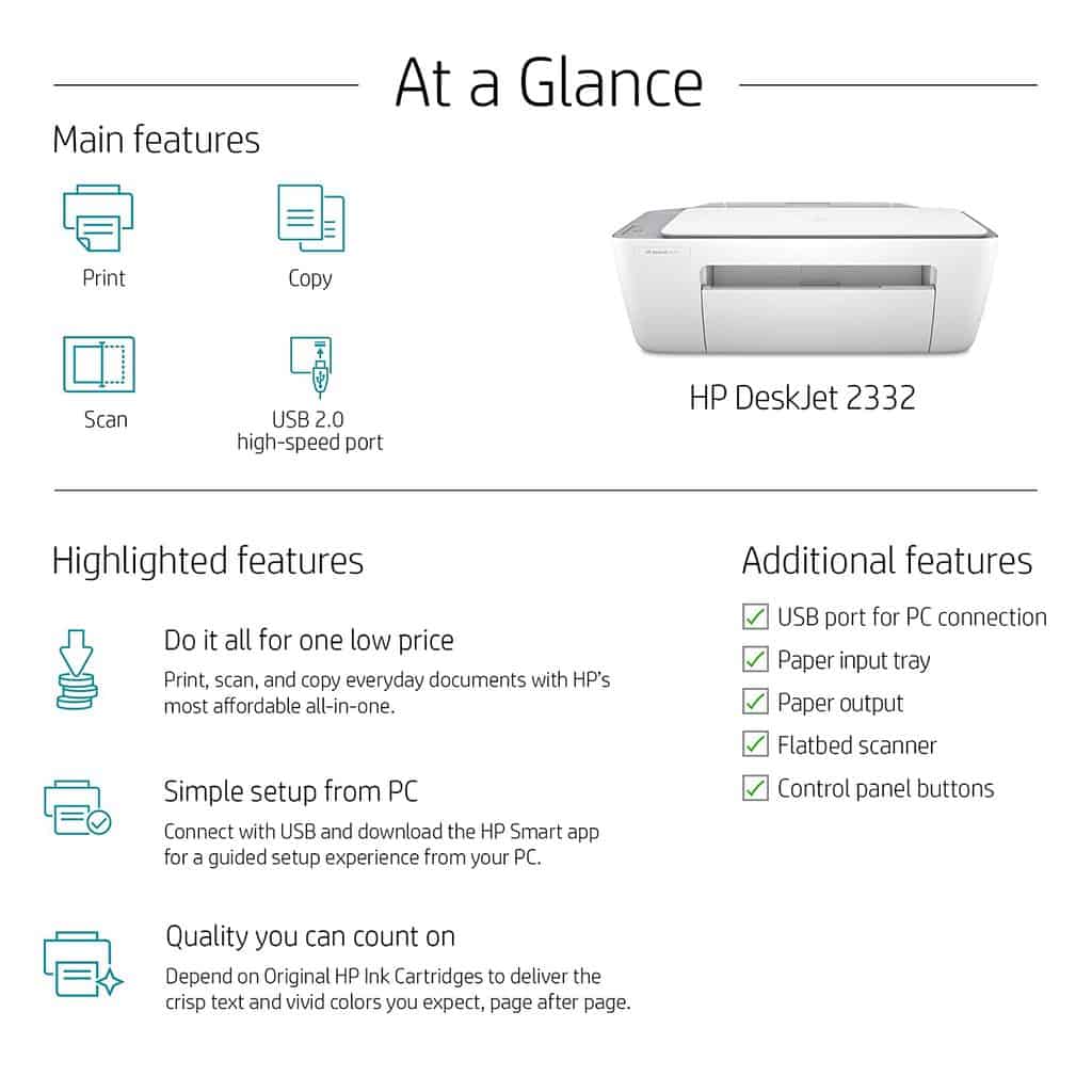 HP Deskjet 2332 Colour Printer, Scanner and Copier for Home/Small Office,  Compact Size, Reliable, and Affordable Printing, Easy Set-up Through HP  Smart App on Your PC Connected Through USB – DATAMATION