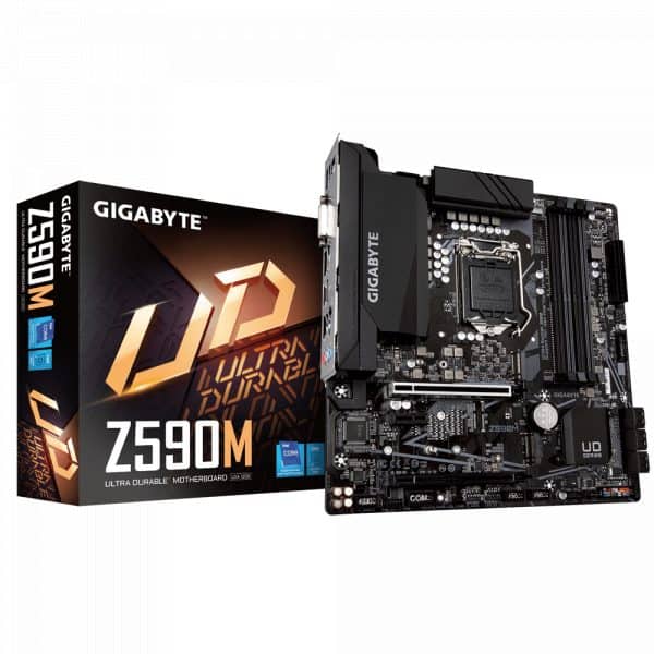 Gigabyte Intel® Z590M Ultra Durable Motherboard with Direct 8+1 Phases Digital VRM and DrMOS, Full PCIe 4.0* Design, Extended Thermal Design with Integrated IO Armor, PCIe 4.0 M.2, Intel® GbE LAN, USB TYPE-C®, RGB FUSION 2.0, Q-Flash Plus