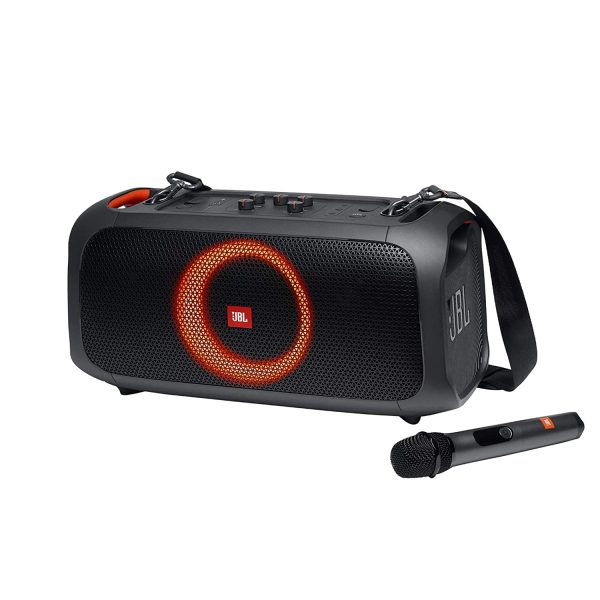 JBL PartyBox-On-The-Go by Harman Portable Bluetooth Party Speaker with Music Synced Light Show, Bass Booster, USB & Guitar Inputs, IPX4 Splashproof Protection 100 Watt, Wireless Mic Included