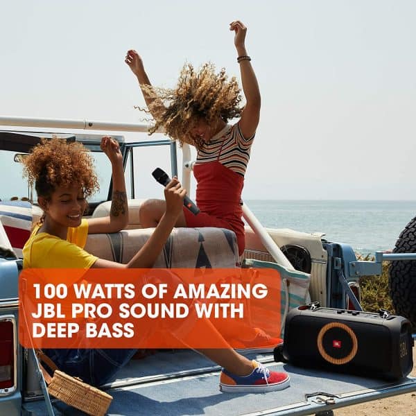 JBL PartyBox-On-The-Go by Harman Portable Bluetooth Party Speaker with Music Synced Light Show, Bass Booster, USB & Guitar Inputs, IPX4 Splashproof Protection 100 Watt, Wireless Mic Included - Image 2