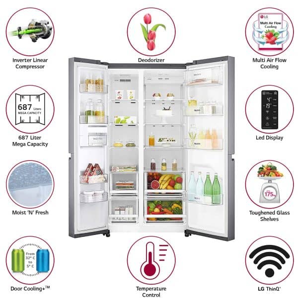LG 687 L Frost Free Inverter Linear Side-by-Side Refrigerator (GC-B247SLUV, Platinum Silver III, Multi Air Flow) - Image 3