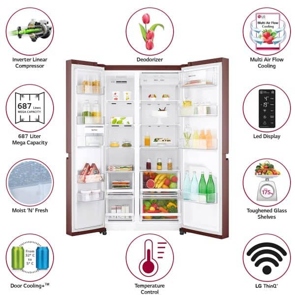 LG 687L Wi - Fi Inverter Frost-Free Side-by-Side Refrigerator (GC-B247SVZV, Amber Steel) - Image 3