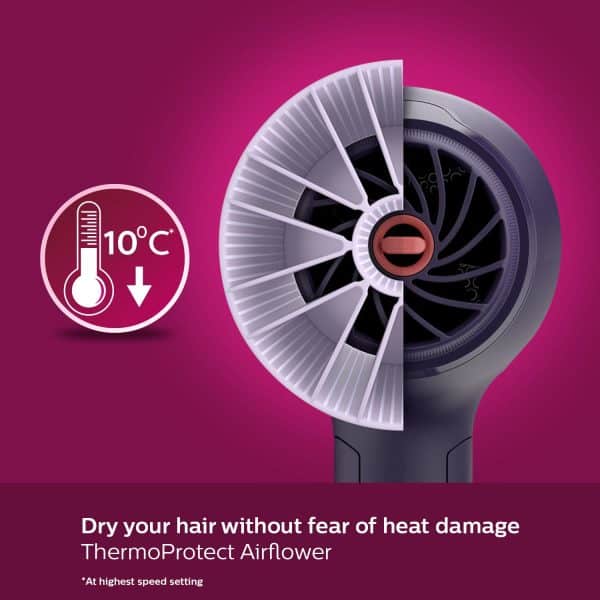 Philips Hair Dryer BHD318/00 1600 Watts Thermoprotect AirFlower Advanced Ionic Care 3 Heat & Speed Settings to Give Frizz Free Shiny Hair-Purple - Image 2
