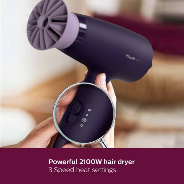 Philips Hair Dryer BHD318/00 1600 Watts Thermoprotect AirFlower Advanced Ionic Care 3 Heat & Speed Settings to Give Frizz Free Shiny Hair-Purple - Image 5