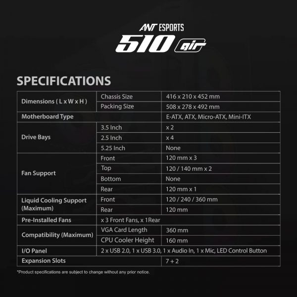 Ant Esports 510 AIR Mid Tower Gaming Cabinet Computer Case Supports E-ATX, ATX, Micro-ATX, Mini-ITX Motherboard Sliding Tempered Glass Side Panel, 3x120 mm ARGB Front 1x120 mm ARGB Rear Fans, Black - Image 12