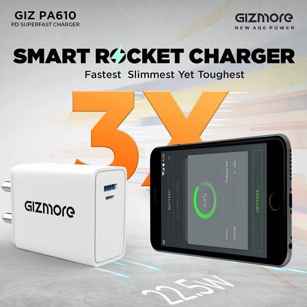 GIZMORE GIZ PA610 Smart Rocket Charger 22.5W PD3.0 Quick Charge Dual Port (USB &Type-C) 4.5A Universal Compatible Wall Super-Fast, Compatible with All iOS & Android Devices, White - Image 2