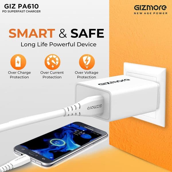 GIZMORE GIZ PA610 Smart Rocket Charger 22.5W PD3.0 Quick Charge Dual Port (USB &Type-C) 4.5A Universal Compatible Wall Super-Fast, Compatible with All iOS & Android Devices, White - Image 3
