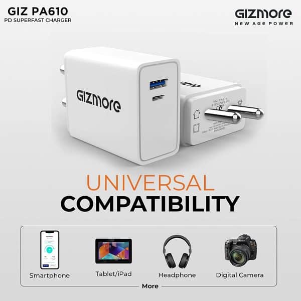 GIZMORE GIZ PA610 Smart Rocket Charger 22.5W PD3.0 Quick Charge Dual Port (USB &Type-C) 4.5A Universal Compatible Wall Super-Fast, Compatible with All iOS & Android Devices, White - Image 4