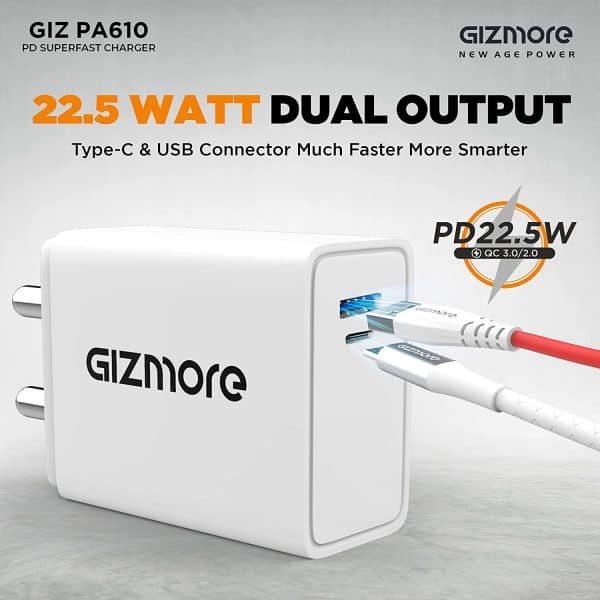 GIZMORE GIZ PA610 Smart Rocket Charger 22.5W PD3.0 Quick Charge Dual Port (USB &Type-C) 4.5A Universal Compatible Wall Super-Fast, Compatible with All iOS & Android Devices, White - Image 5