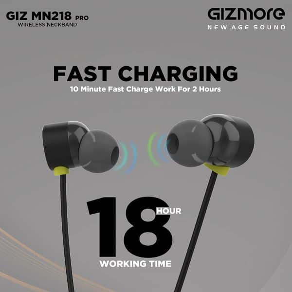 GIZMORE Giz MN218 Pro Bluetooth Wireless Neckband Earphones with Fast Charging, Up to 18H Playback, Powerful Bass, Built-in Mic for Clear Calls, BT 5.0, Water Resistance, Voice Assistant (Black) - Image 2