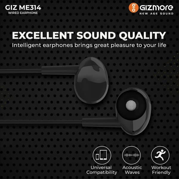 GIZMORE ME314 Wired Sound Isolating Earphone, Clear Sound, Single Driver, Secure in-Ear Fit, Durable Quality, Compatible with All 3MM Jack Supported Devices (Black) - Image 3