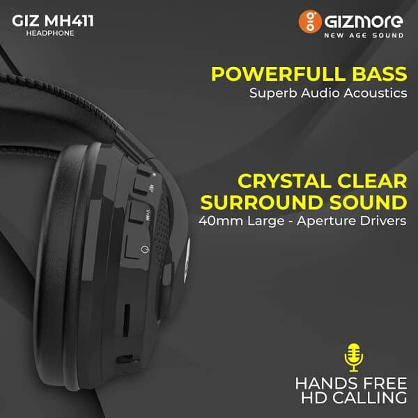 Gizmore Giz MH411 Hi-Bass Wireless Headphones with Upto 15 Hours Playtime, Built-in-Mic, FM Radio, Micro SD Slot (Black) - Image 3