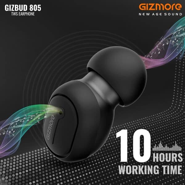 Gizmore Gizbud 805 TWS Earbuds with 5.0 Bluetooth, Up to 10Hrs Playtime, Fast Charging Type-C, IPX4 Water Resistant, HD Clear Sound, Voice Assistance and Passive Noise Cancellation (Black) - Image 2
