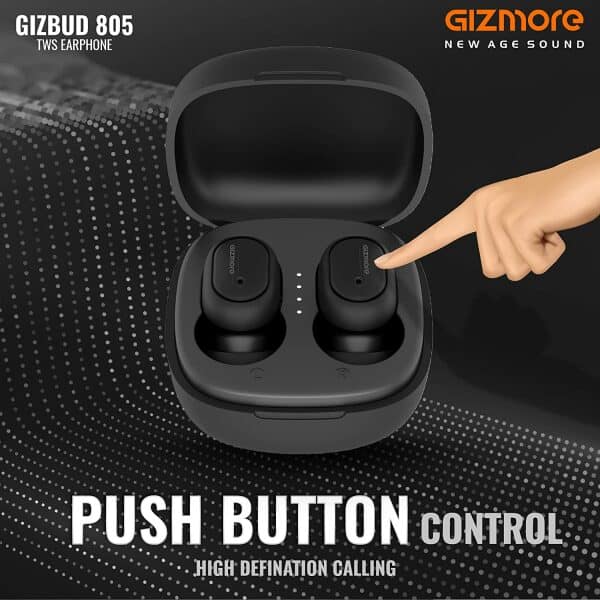 Gizmore Gizbud 805 TWS Earbuds with 5.0 Bluetooth, Up to 10Hrs Playtime, Fast Charging Type-C, IPX4 Water Resistant, HD Clear Sound, Voice Assistance and Passive Noise Cancellation (Black) - Image 3