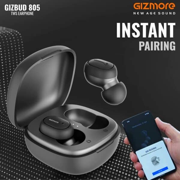 Gizmore Gizbud 805 TWS Earbuds with 5.0 Bluetooth, Up to 10Hrs Playtime, Fast Charging Type-C, IPX4 Water Resistant, HD Clear Sound, Voice Assistance and Passive Noise Cancellation (Black) - Image 7