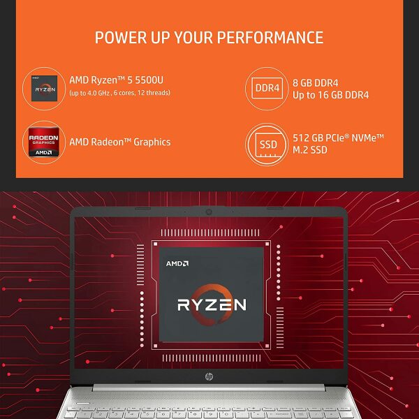HP 15s- Ryzen 5-5500U 8GB RAM/512GB SSD 15.6 inch(39cm) Micro-Edge Anti-Glare FHD Laptop (Natural Silver/AMD Radeon Graphics/Alexa/Dual Speakers/Fast Charge/Windows 11/MS Office), 15s-eq2144au - Image 4
