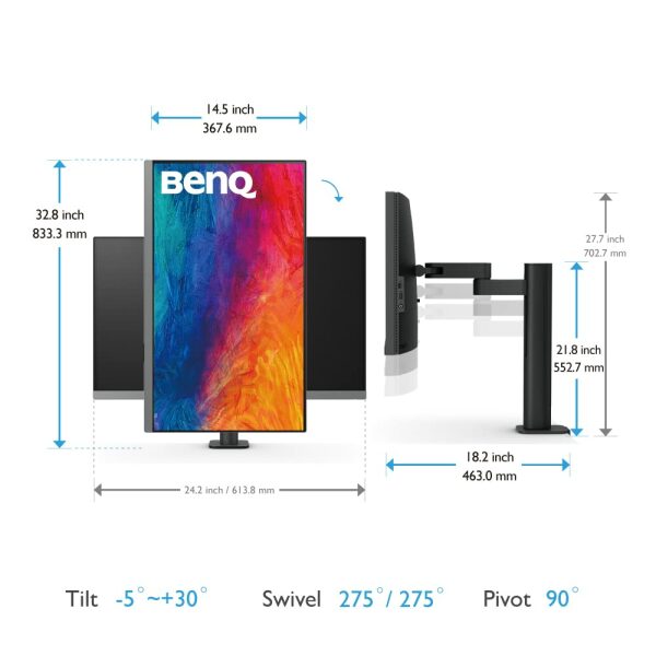 BenQ PD2706UA 27inch(68cm) IPS 4K HDR ErgoArm Monitor,95% P3,99% REC709 & sRGB,DeltaE≤ 3,Pantone Skintone Validated,CAD/CAM & Animation Mode,Auto Pivot,PIP/PBP,USB Hub,HDMI,DP,USB-C(PD90W)(Dark Gray) - Image 3
