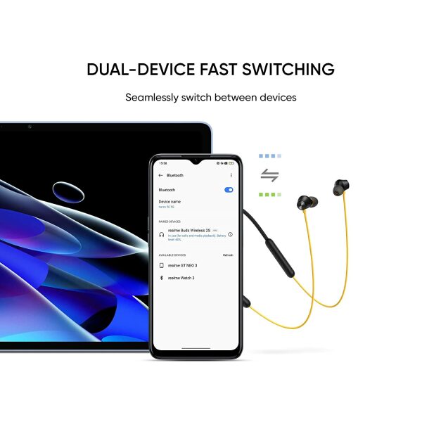 realme Buds Wireless 2S in Ear Earphone with mic, Dual Device Switching & Type C Fast Charge & Up to 24Hrs Playtime, Bluetooth Headset Neckband (Black) - Image 5
