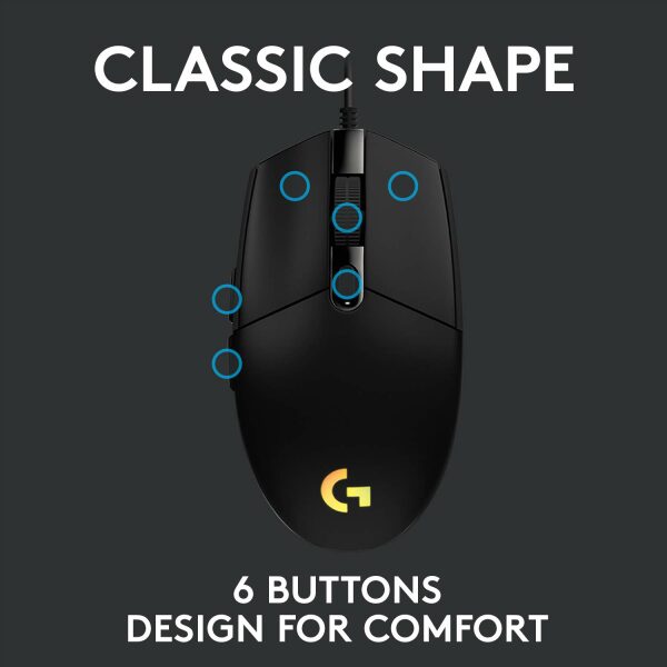 Logitech USB G G203 Wired Gaming Mouse, 8000 DPI, Rainbow Optical Effect LIGHTSYNC RGB, 6 Programmable Buttons, On-Board Memory, Screen Mapping, PC/Mac Computer and Laptop Compatible - Black - Image 9