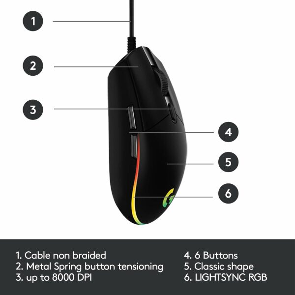 Logitech USB G G203 Wired Gaming Mouse, 8000 DPI, Rainbow Optical Effect LIGHTSYNC RGB, 6 Programmable Buttons, On-Board Memory, Screen Mapping, PC/Mac Computer and Laptop Compatible - Black - Image 5