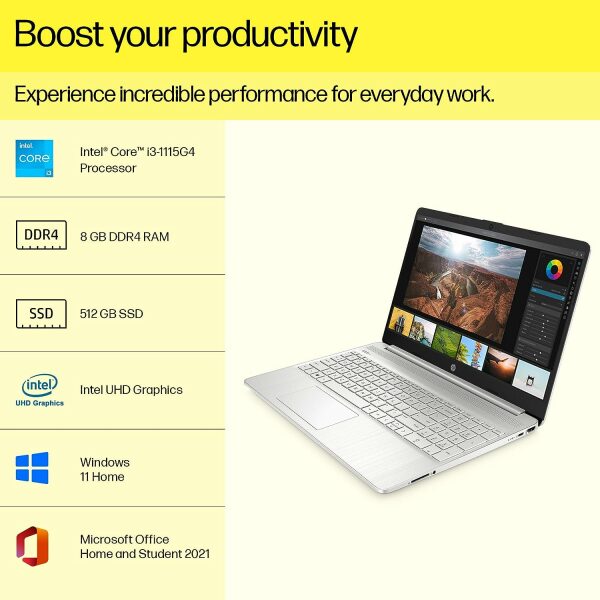 HP Laptop 15s, 11th Gen Intel Core i3-1115G4, 15.6-inch (39.6 cm), FHD, 8GB DDR4, 512GB SSD, Intel UHD Graphics, Thin & Light, Dual Speakers (Win 11, MSO 2021, Silver, 1.69 kg), fq2717TU - Image 4