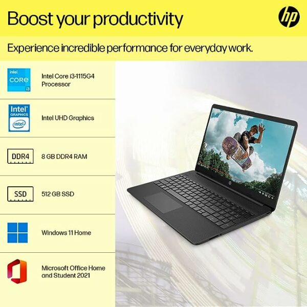 HP Laptop 15s, Intel Core i3-1115G4, 14 inch(35.6cm) HD Laptop(8GB RAM,512GB SSD,Intel UHD Graphics,Dual Speakers,Win 11,Alexa,Numeric Keypad,1.69 Kgs,Jet Black) 15s-fq2738TU - Image 5