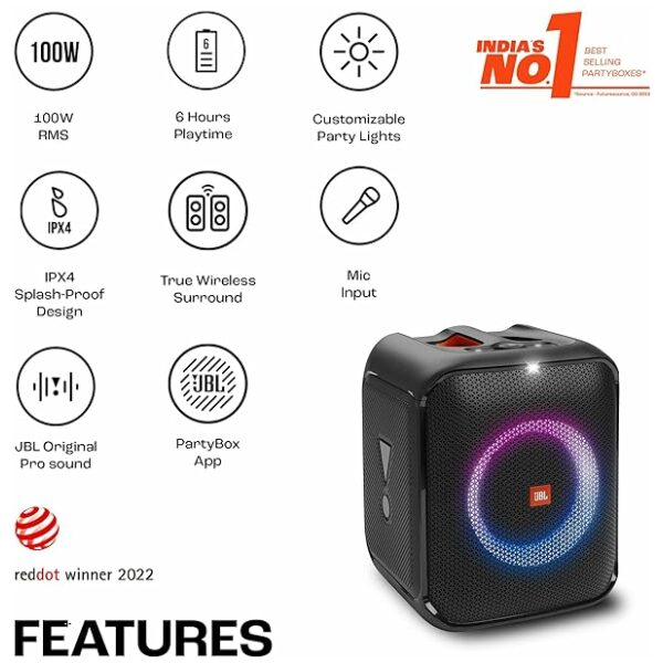 JBL Partybox Encore Essential | Portable Bluetooth Party Speaker | 100W Monstrous Pro Sound | Dynamic Light Show | Upto 6Hrs Playtime | Built-in Powerbank | Mic Support PartyBox App (Black) - Image 6