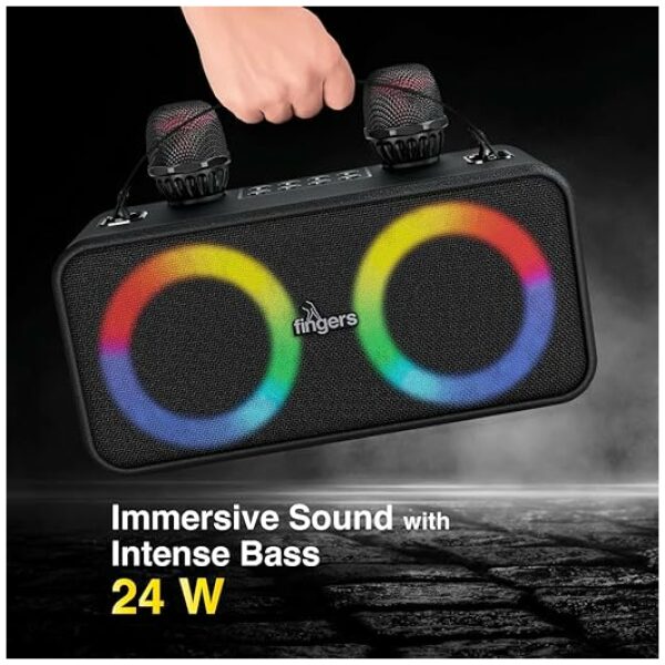 FINGERS 2Mic-Karaoke Portable Speaker with 2 Wireless Mics (RGB Lights, 6-Hour Playback, 24 W Intense Bass, Bluetooth® | USB | MicroSD | FM Radio) – Rich Black - Image 6