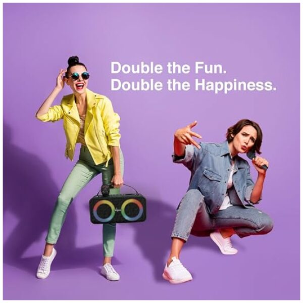 FINGERS 2Mic-Karaoke Portable Speaker with 2 Wireless Mics (RGB Lights, 6-Hour Playback, 24 W Intense Bass, Bluetooth® | USB | MicroSD | FM Radio) – Rich Black - Image 5