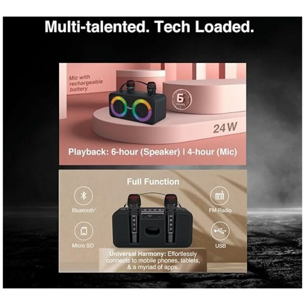 FINGERS 2Mic-Karaoke Portable Speaker with 2 Wireless Mics (RGB Lights, 6-Hour Playback, 24 W Intense Bass, Bluetooth® | USB | MicroSD | FM Radio) – Rich Black - Image 3