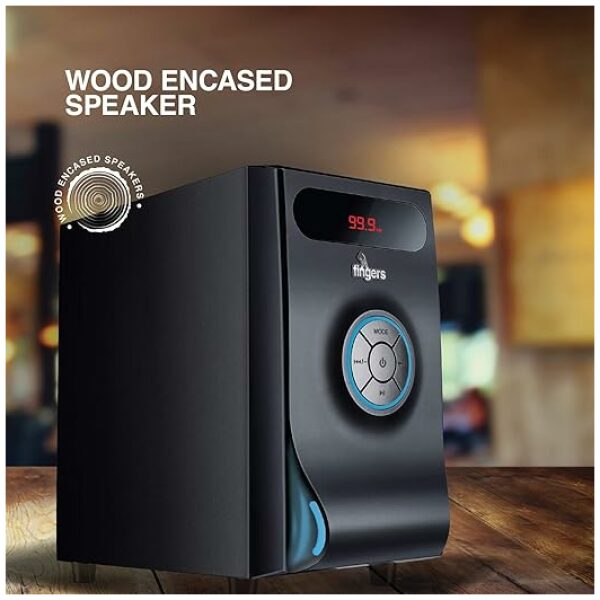 FINGERS Joshhh Wooden encased Multimedia 2.1 Speaker [Deep Bass 20 Watts | Remote Control | LED Light Effects | Bluetooth, FM Radio, USB, MicroSD, AUX (RCA)] - Image 4