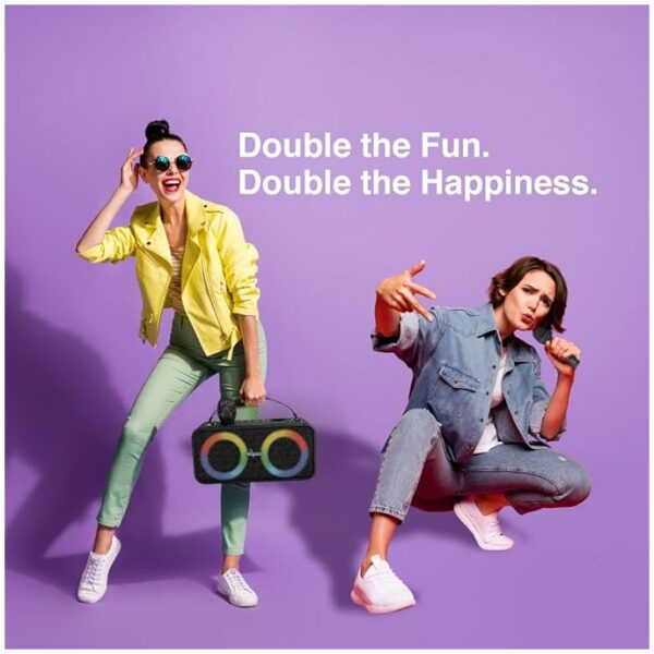 FINGERS 2Mic-Karaoke Portable Speaker with 2 Wireless Mics (RGB Lights, 6-Hour Playback, 24 W Intense Bass, Bluetooth® | USB | MicroSD | FM Radio) – Rich Black - Image 6