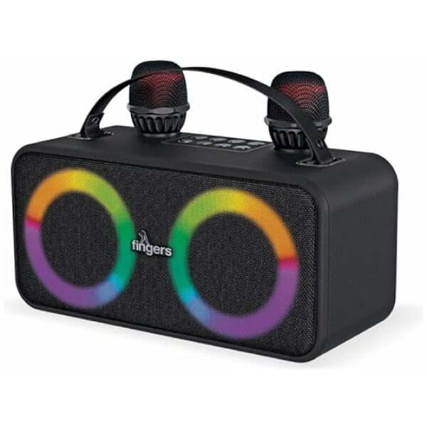 FINGERS 2Mic-Karaoke Portable Speaker with 2 Wireless Mics (RGB Lights, 6-Hour Playback, 24 W Intense Bass, Bluetooth® | USB | MicroSD | FM Radio) – Rich Black