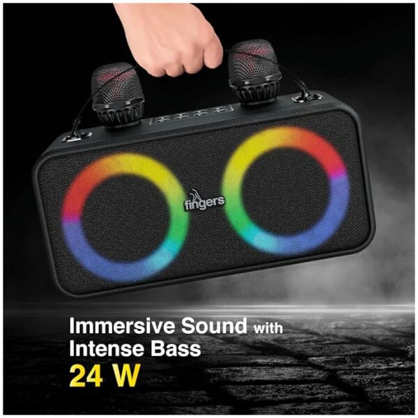 FINGERS 2Mic-Karaoke Portable Speaker with 2 Wireless Mics (RGB Lights, 6-Hour Playback, 24 W Intense Bass, Bluetooth® | USB | MicroSD | FM Radio) – Rich Black - Image 7