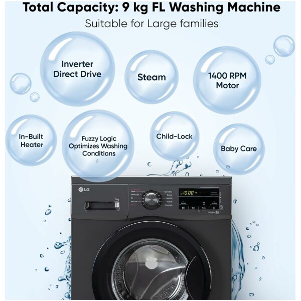 LG 9 Kg 5 Star Inverter Touch panel Fully-Automatic Front Load Washing Machine with In-Built Heater (FHM1409BDM, Middle Black, Steam for Hygiene Wash) - Image 8