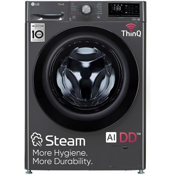 LG 8 Kg 5 Star Inverter Wi-Fi Fully-Automatic Front Loading Washing Machine with Inbuilt heater (FHP1208Z5M, Middle Black, AI DD Technology & Steam for Hygiene)