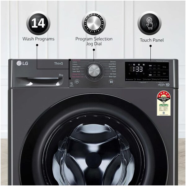 LG 8 Kg 5 Star Inverter Wi-Fi Fully-Automatic Front Loading Washing Machine with Inbuilt heater (FHP1208Z5M, Middle Black, AI DD Technology & Steam for Hygiene) - Image 3