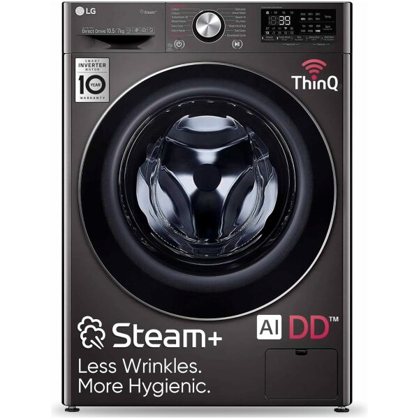 LG 10.5 Kg / 7.0 Kg Wi-Fi Inverter AI Direct-Drive Fully Automatic Front Load Washer-Dryer (FHD1057STB, Steam+, In-built Heater, 6 Motion DD, Black Steel)