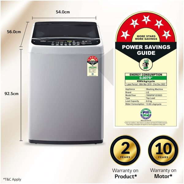 LG 8 Kg 5 Star Smart Inverter TurboDrum Fully Automatic Top Loading Washing Machine (T80SPSF1Z, Punch + 3, 2023 Model, Middle Free Silver) - Image 15