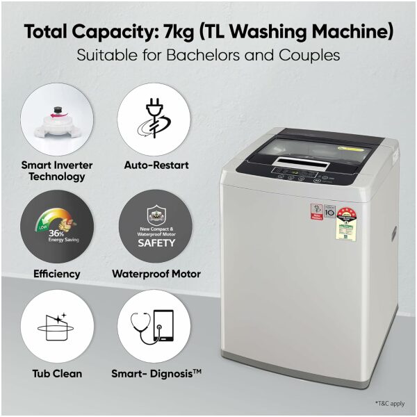LG 7 Kg 5 Star Inverter TurboDrum Fully Automatic Top Loading Washing Machine (T70SKSF1Z, Waterfall Circulation, Smart Motion, Middle Free Silver) - Image 7