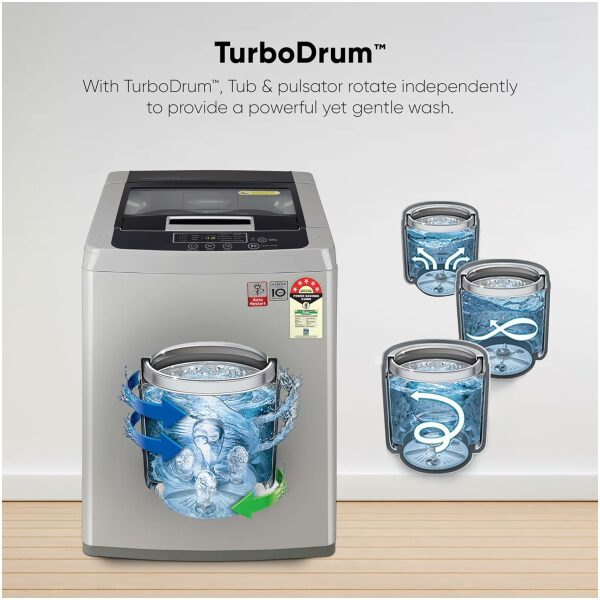 LG 7 Kg 5 Star Inverter TurboDrum Fully Automatic Top Loading Washing Machine (T70SKSF1Z, Waterfall Circulation, Smart Motion, Middle Free Silver) - Image 6