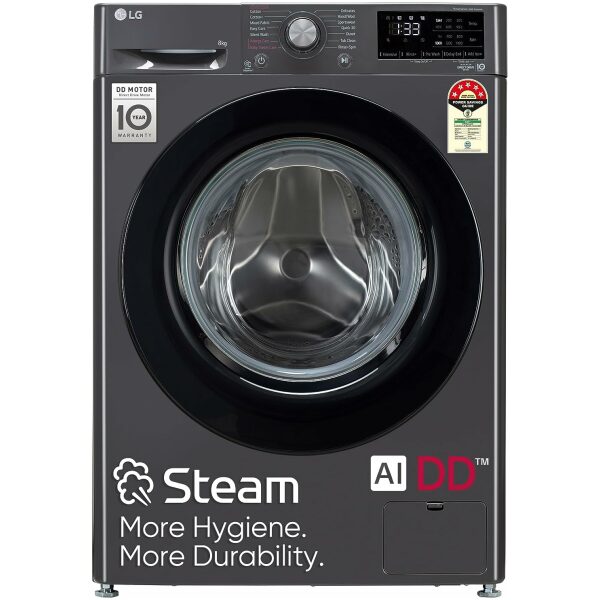 LG 8 Kg 5 Star Inverter AI Direct-Drive Touch Panel Fully Automatic Front Load Washing Machine (FHV1408Z2M, Steam for Hygiene, In-Built Heater, 6 Motion DD, Middle Black)