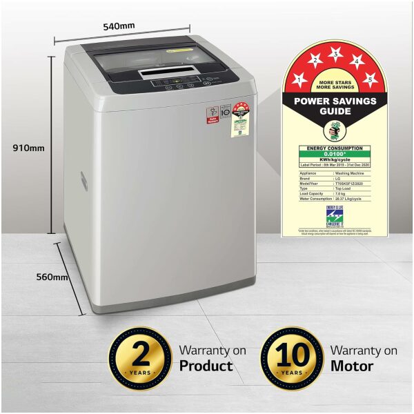 LG 7 Kg 5 Star Inverter TurboDrum Fully Automatic Top Loading Washing Machine (T70SKSF1Z, Waterfall Circulation, Smart Motion, Middle Free Silver) - Image 9