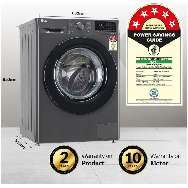 LG 8 Kg 5 Star Inverter AI Direct-Drive Touch Panel Fully Automatic Front Load Washing Machine (FHV1408Z2M, Steam for Hygiene, In-Built Heater, 6 Motion DD, Middle Black) - Image 12