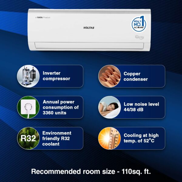 Voltas 1 Ton 3 Star, Inverter Split AC(Copper, 4-in-1 Adjustable Mode, Anti-dust Filter, 2023 Model, 123V Vectra Elite, White) - Image 2