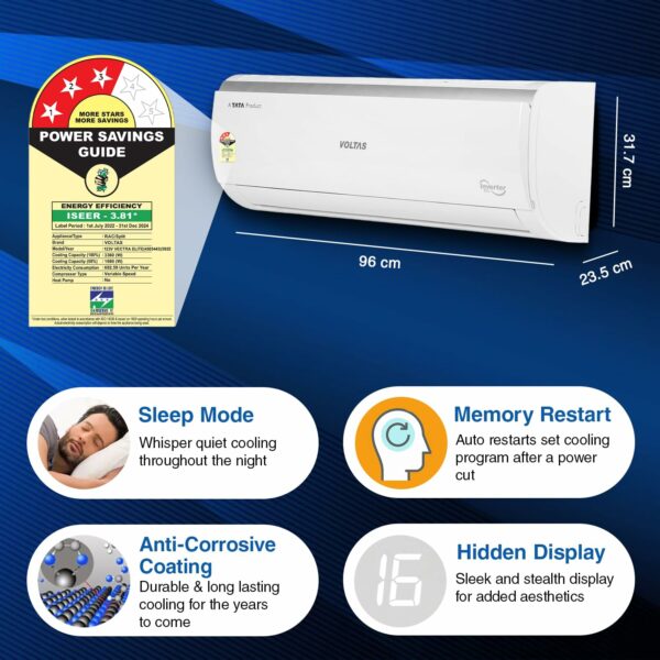 Voltas 1 Ton 3 Star, Inverter Split AC(Copper, 4-in-1 Adjustable Mode, Anti-dust Filter, 2023 Model, 123V Vectra Elite, White) - Image 8
