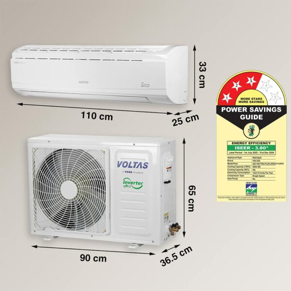 Voltas 2 Ton 3 Star, Fixed Speed Split AC (Copper, LED Display, Anti-dust Filter, 2023 Model, 243 Vectra Plus, White) - Image 3